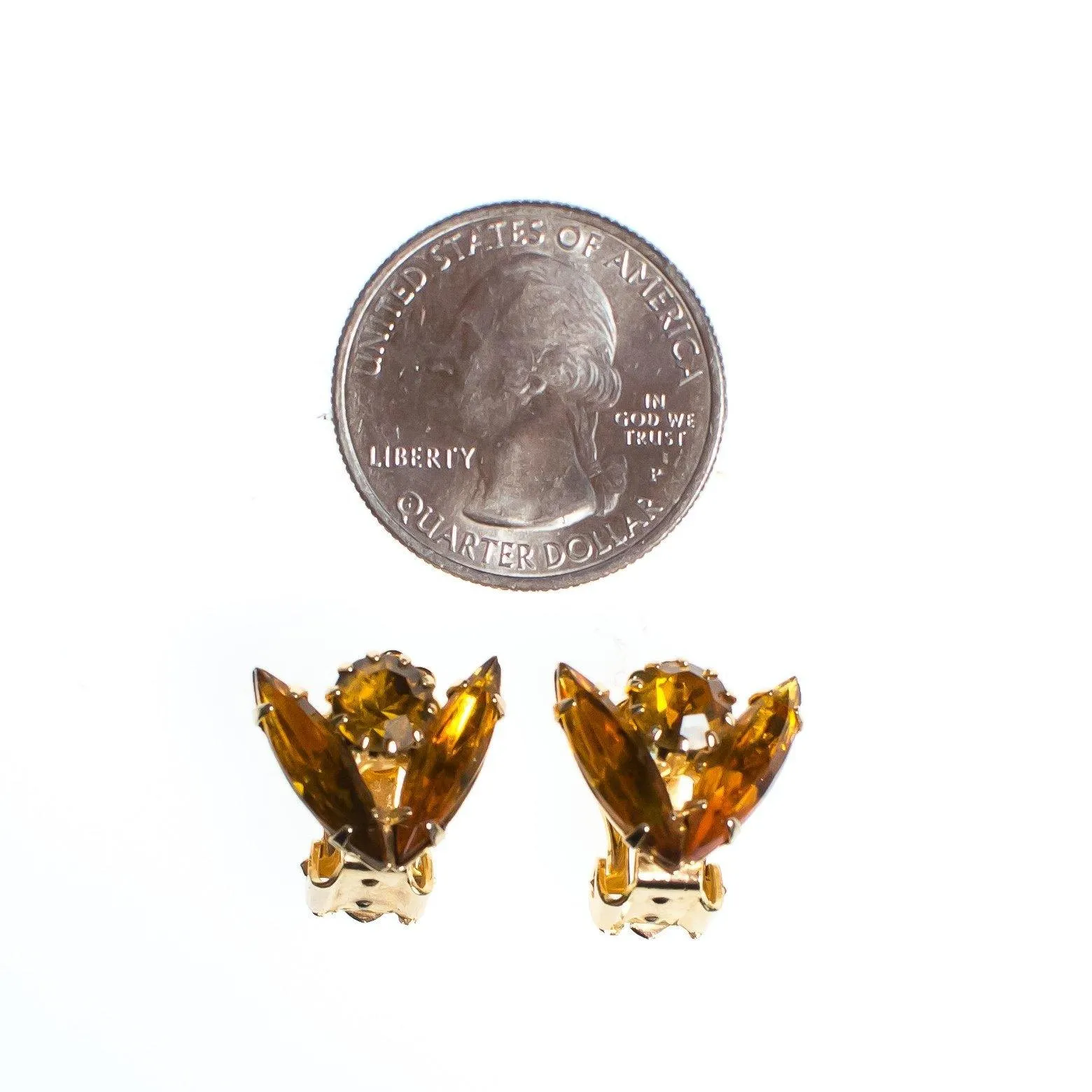 Vintage Petite Gold Rhinestone Earrings, Gold Tone Setting, Clip-on