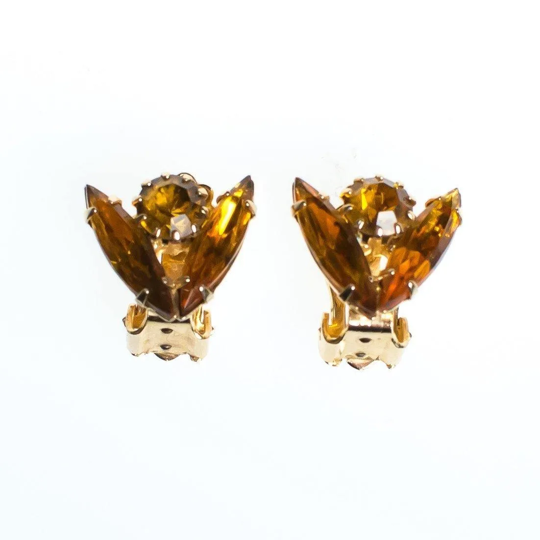 Vintage Petite Gold Rhinestone Earrings, Gold Tone Setting, Clip-on