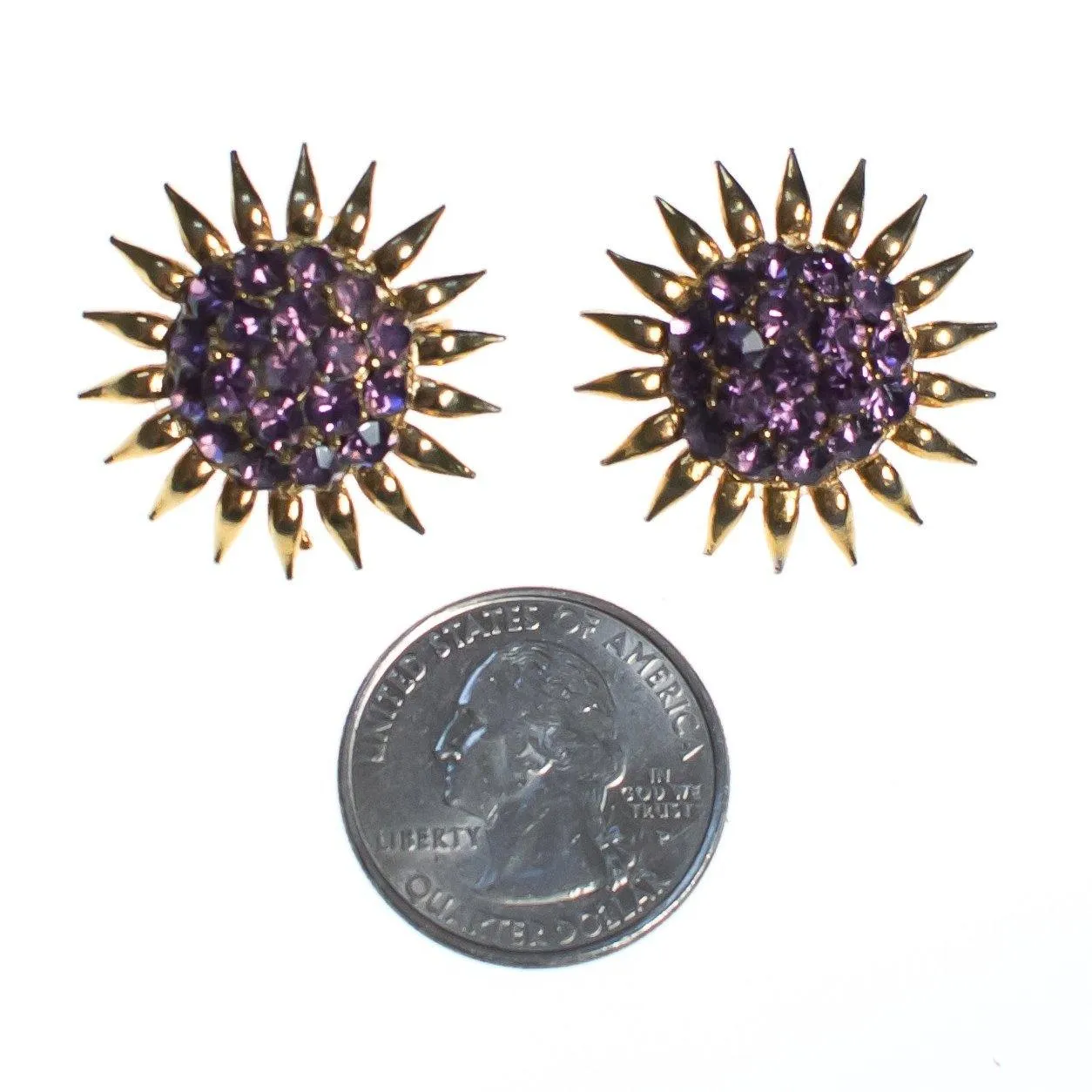 Vintage Purple Rhinestone Flower Earring, Gold Tone Setting, Clip-on