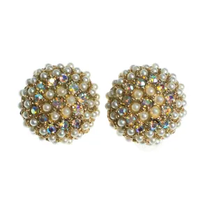 Vintage Seed Pearl and Aurora Borealis Domed Round Clip Earrings Button Style