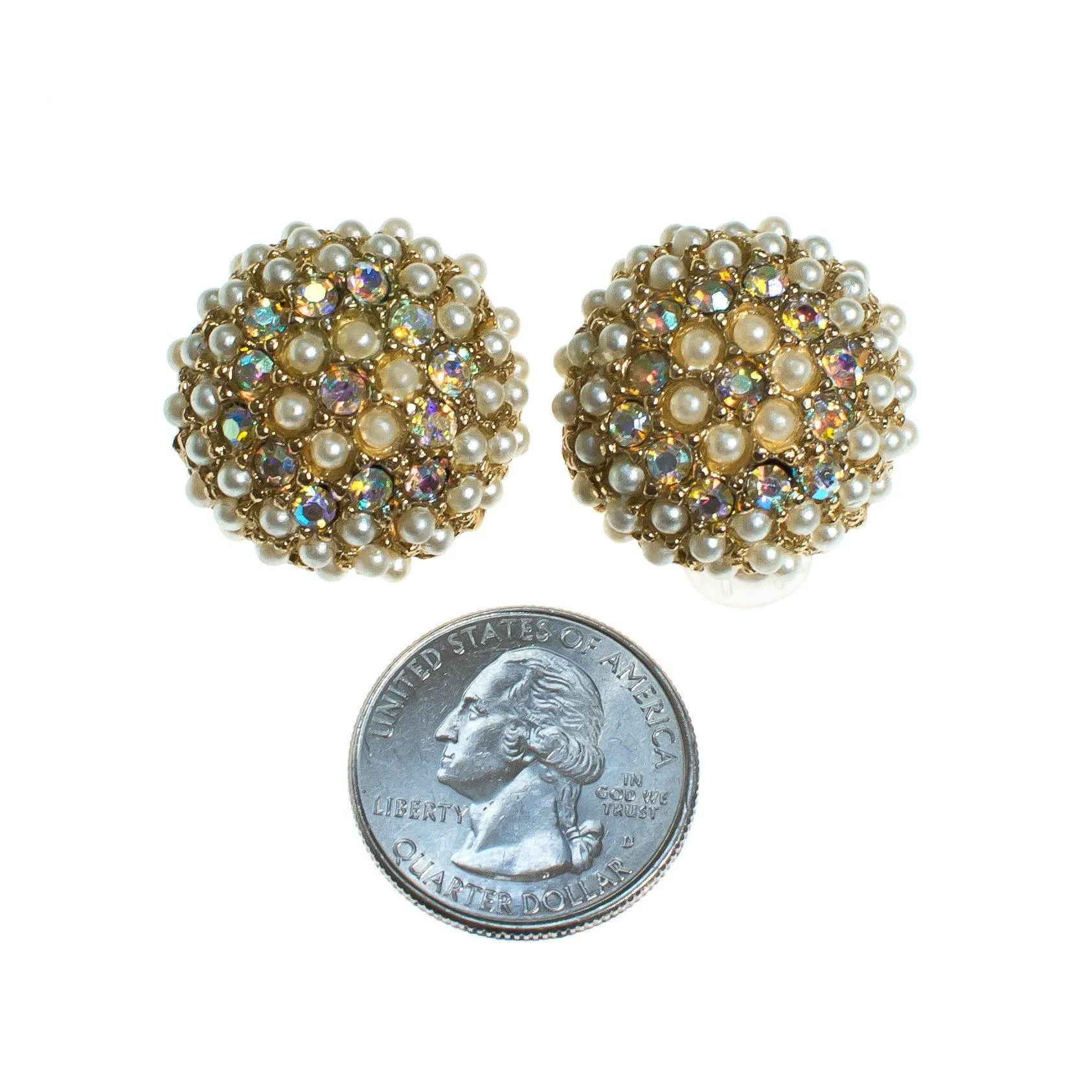 Vintage Seed Pearl and Aurora Borealis Domed Round Clip Earrings Button Style