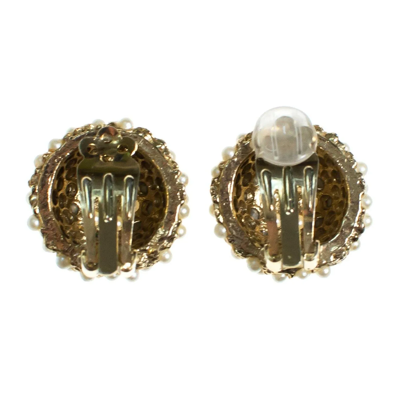 Vintage Seed Pearl and Aurora Borealis Domed Round Clip Earrings Button Style