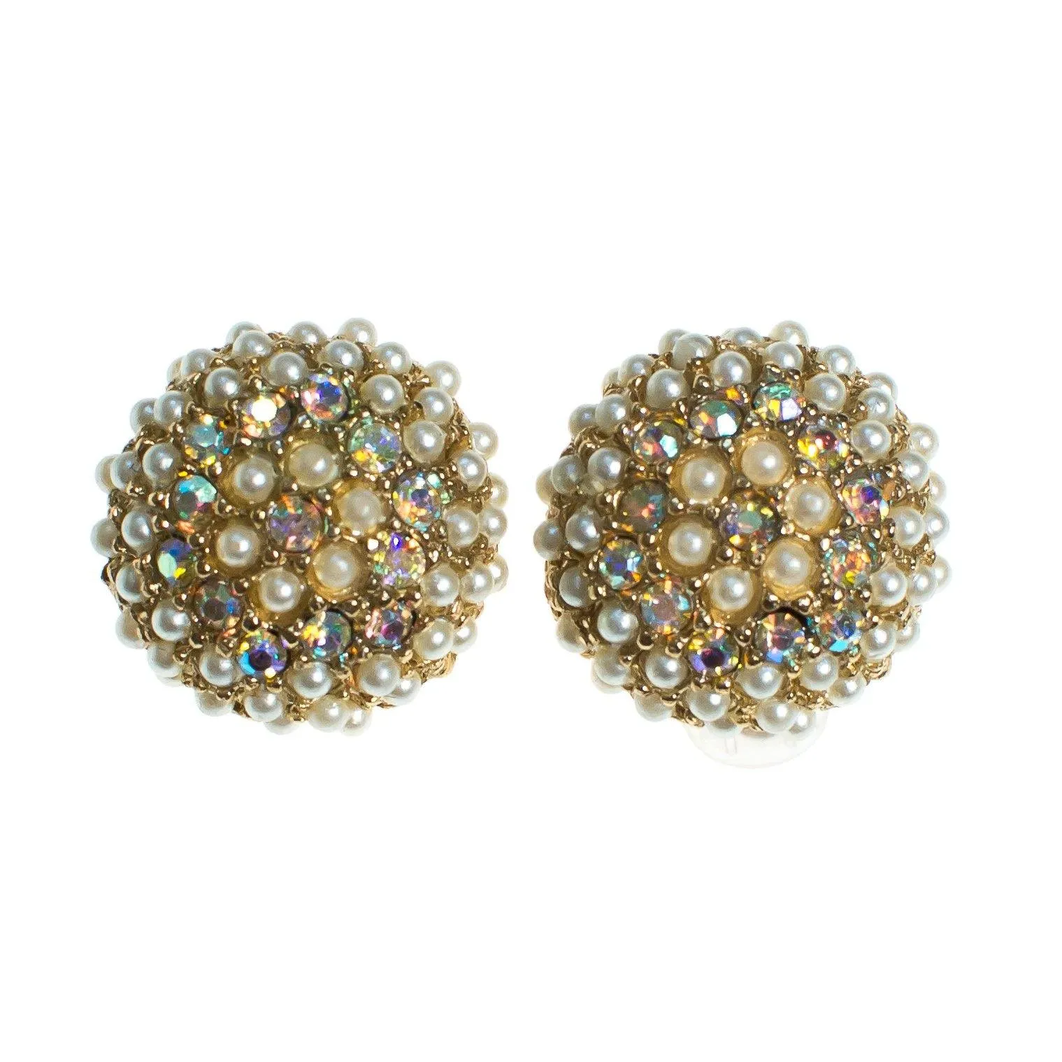 Vintage Seed Pearl and Aurora Borealis Domed Round Clip Earrings Button Style