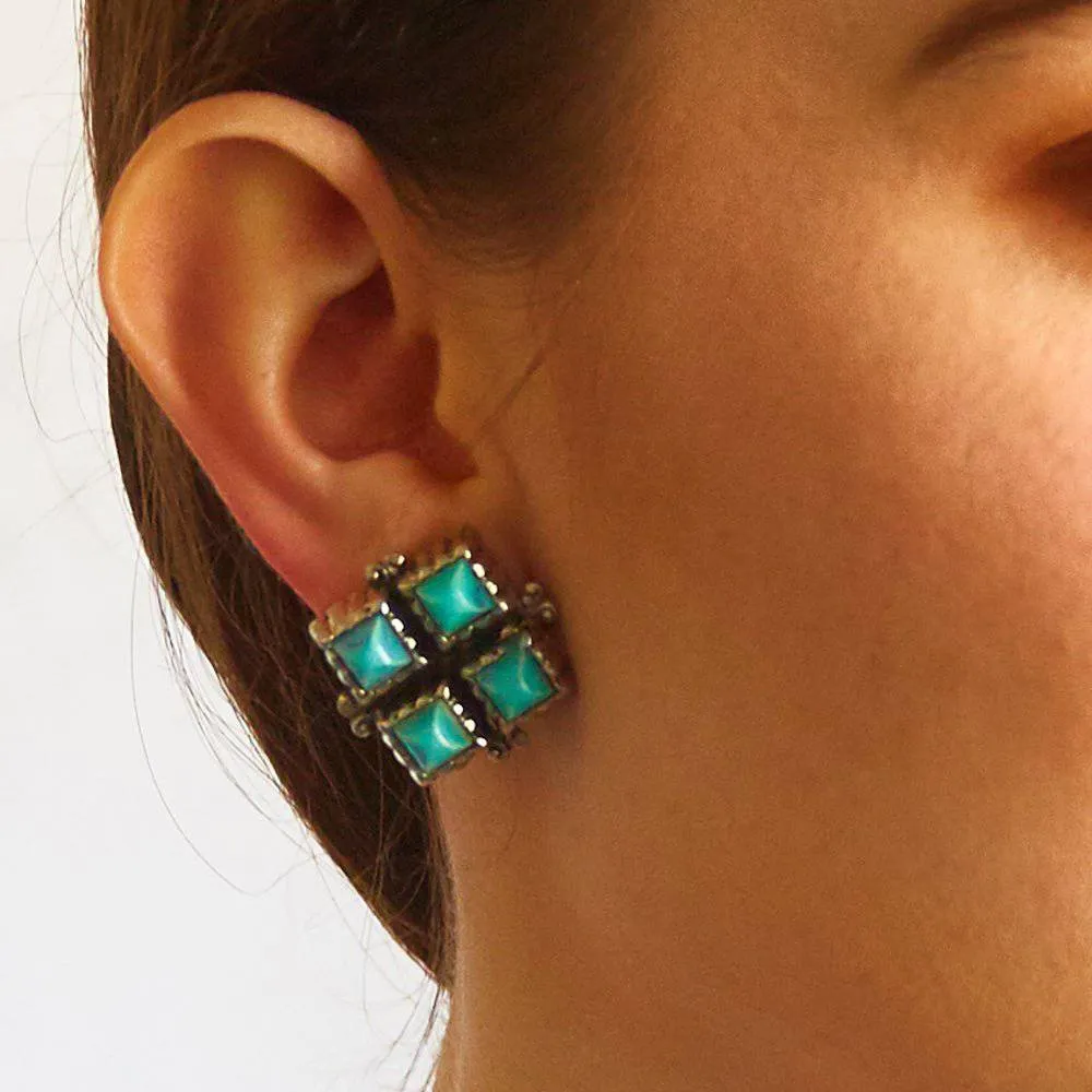 Vintage Silver and Turquoise Diamond Earrings