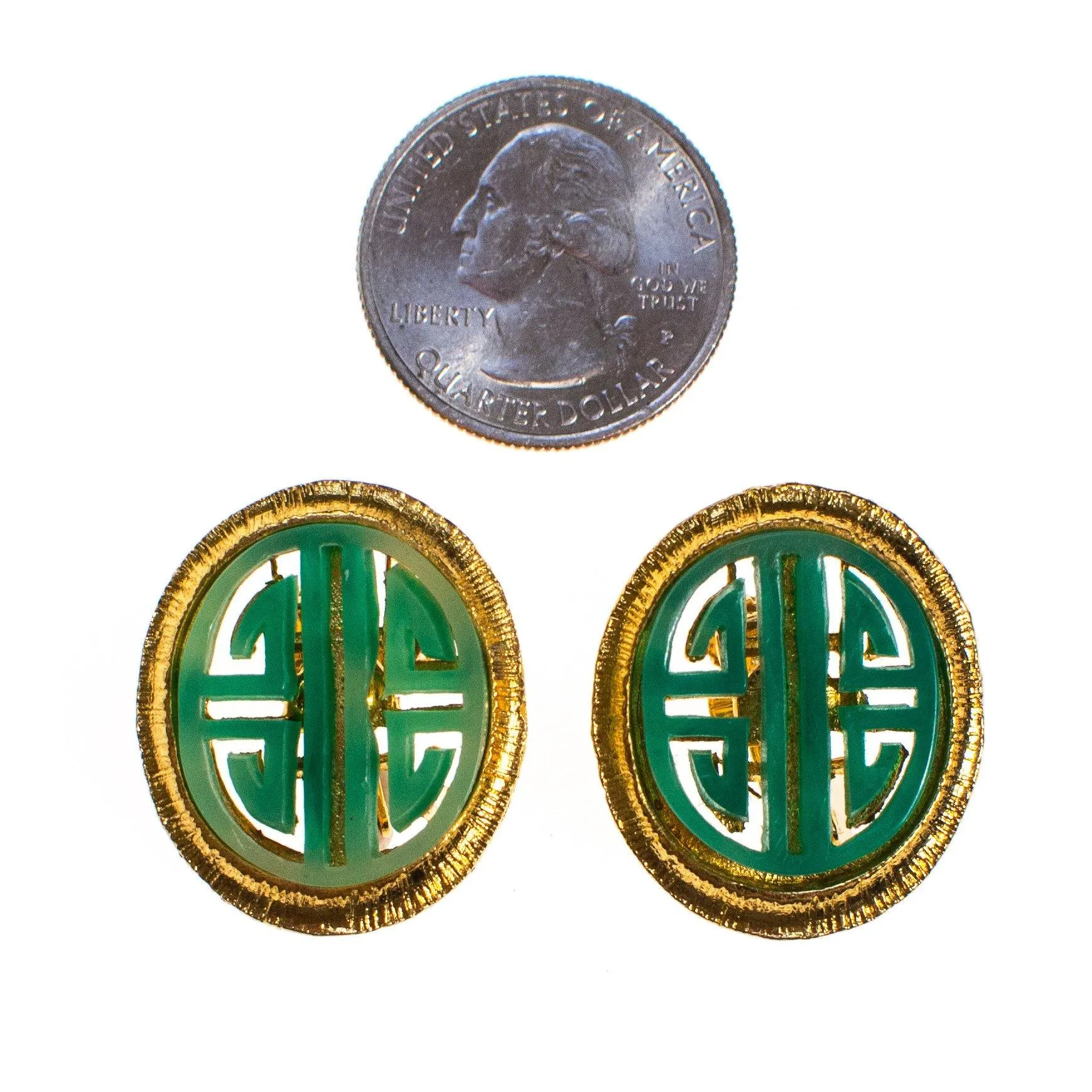 Vintage Vendome Green Jade Asian Character Earrings, Gold Tone, Oval, Clip On