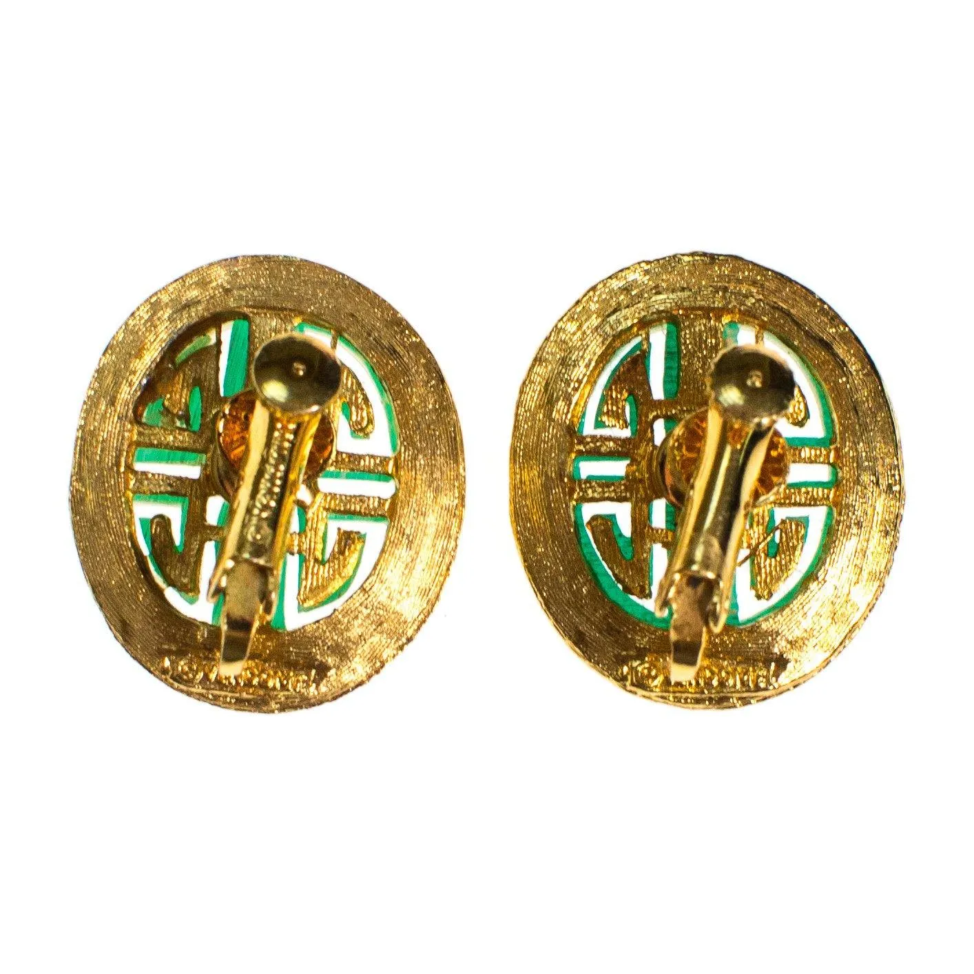 Vintage Vendome Green Jade Asian Character Earrings, Gold Tone, Oval, Clip On