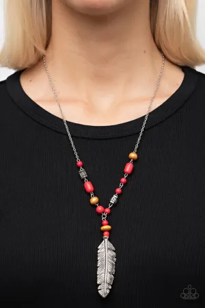 Watch Me Fly - Red - Stone and Wooden Bead Feather Pendant Paparazzi Necklace