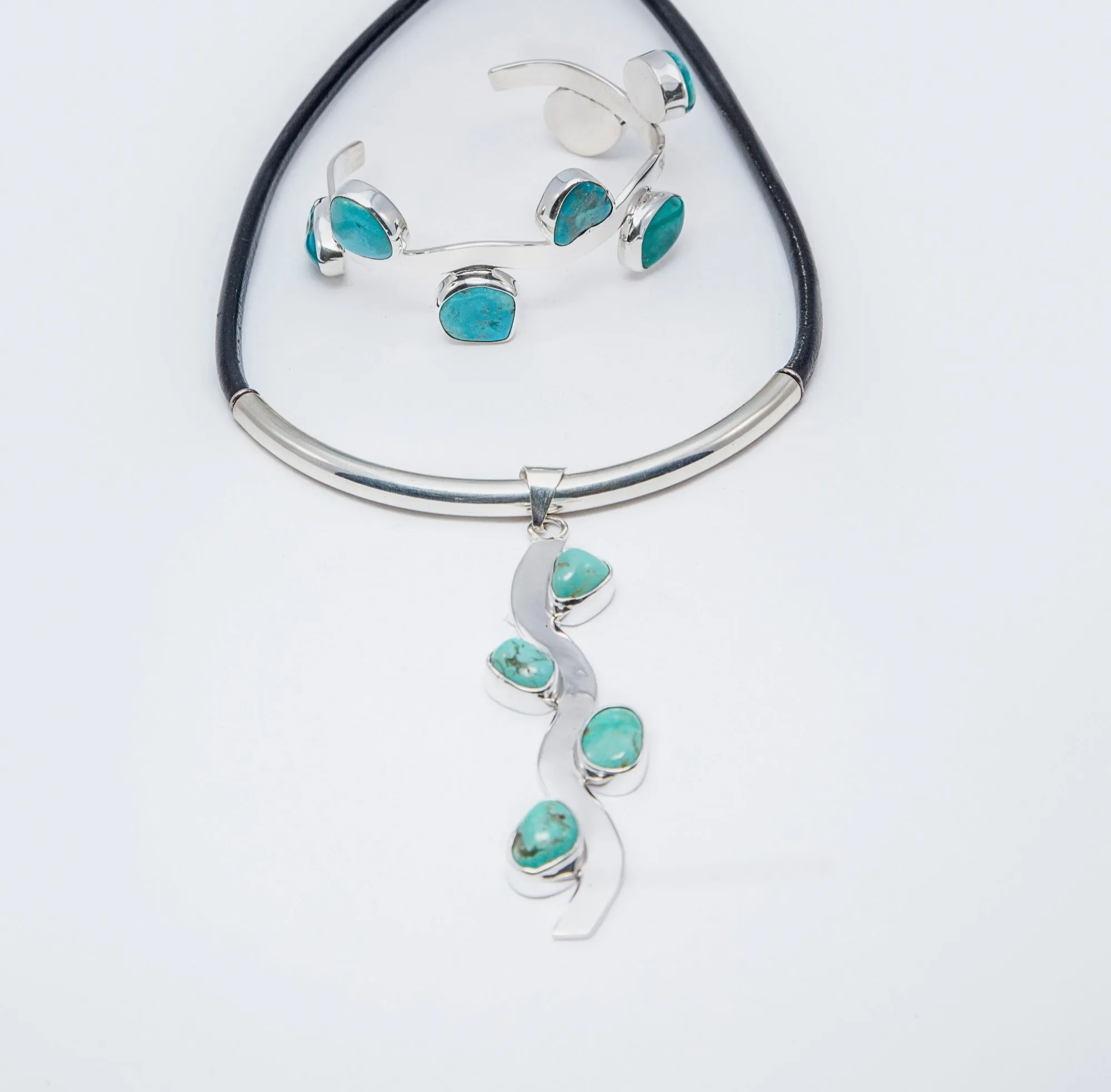 Wavy Sterling Silver Pendant with Sleeping Beauty Turquoise