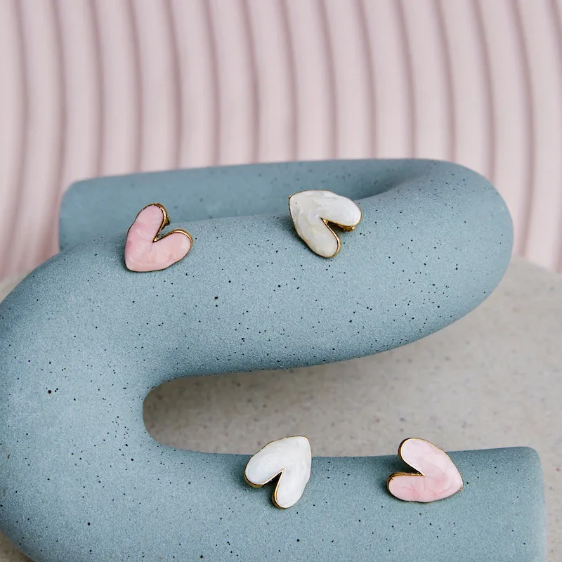 White & Pink Heart Clip on Earrings