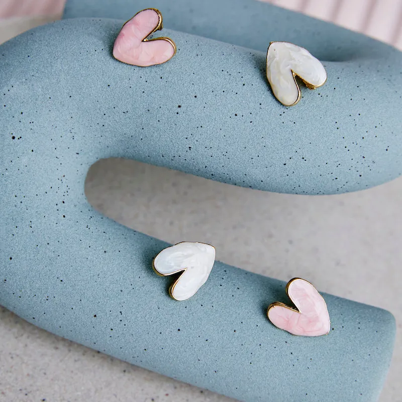 White & Pink Heart Clip on Earrings