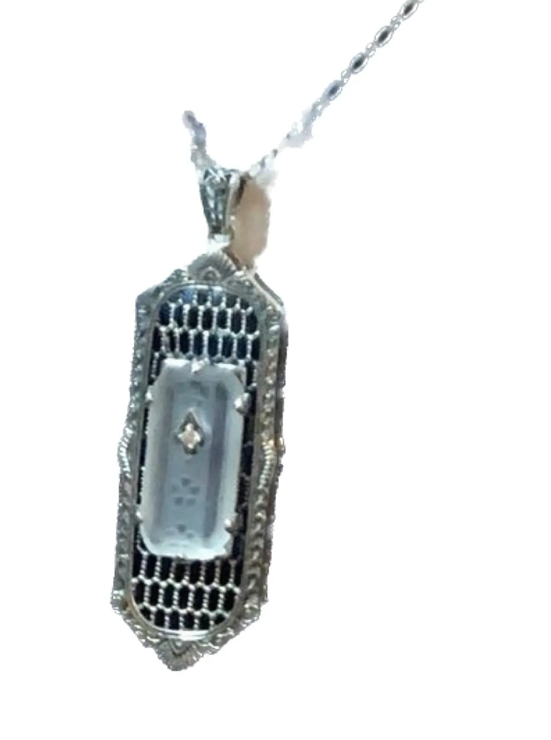 White Camphor Glass Pendant, Art Deco 1930s Reproduction Jewelry, Baguette design P16