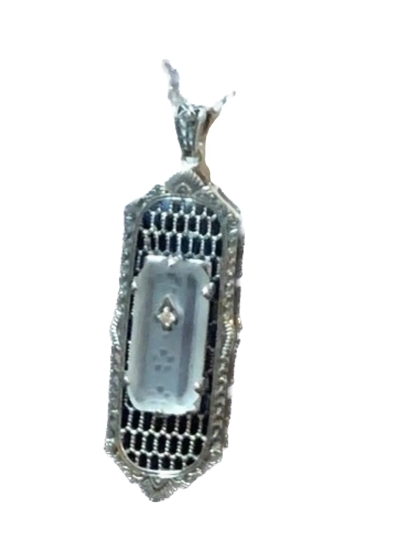 White Camphor Glass Pendant, Art Deco 1930s Reproduction Jewelry, Baguette design P16