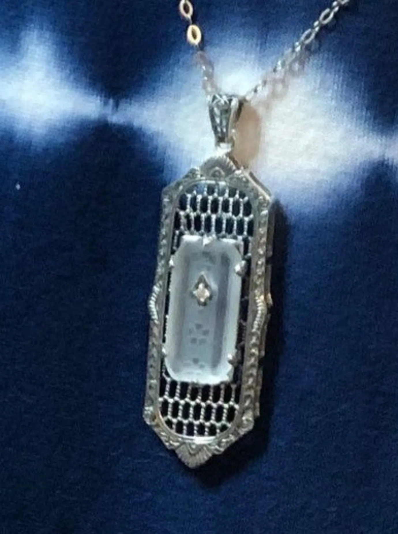 White Camphor Glass Pendant, Art Deco 1930s Reproduction Jewelry, Baguette design P16