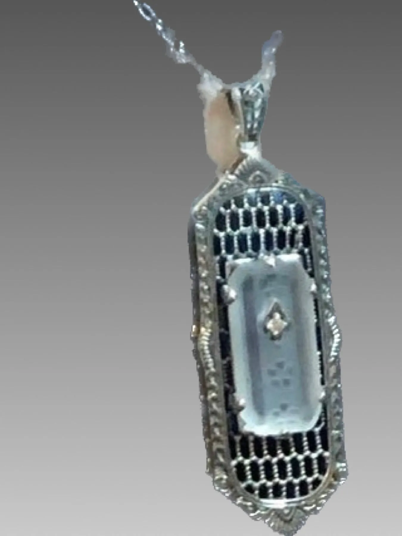 White Camphor Glass Pendant, Art Deco 1930s Reproduction Jewelry, Baguette design P16
