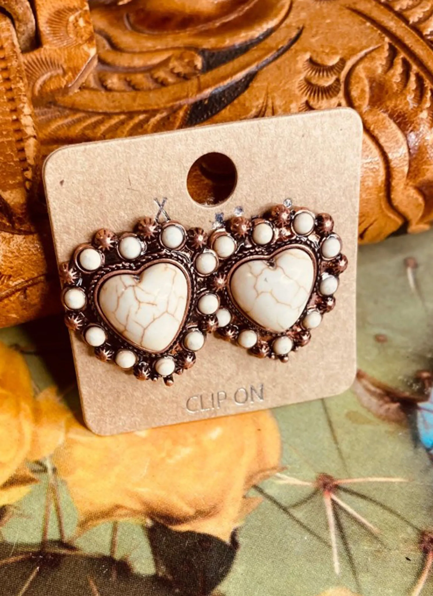White Heart Clip On Earrings