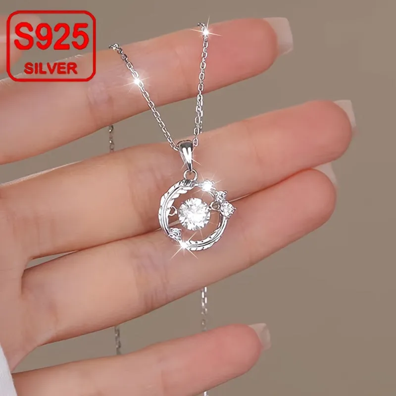 Women's Feather Zirconium Pendant Necklace S925 Silvery Low Allergy 2g