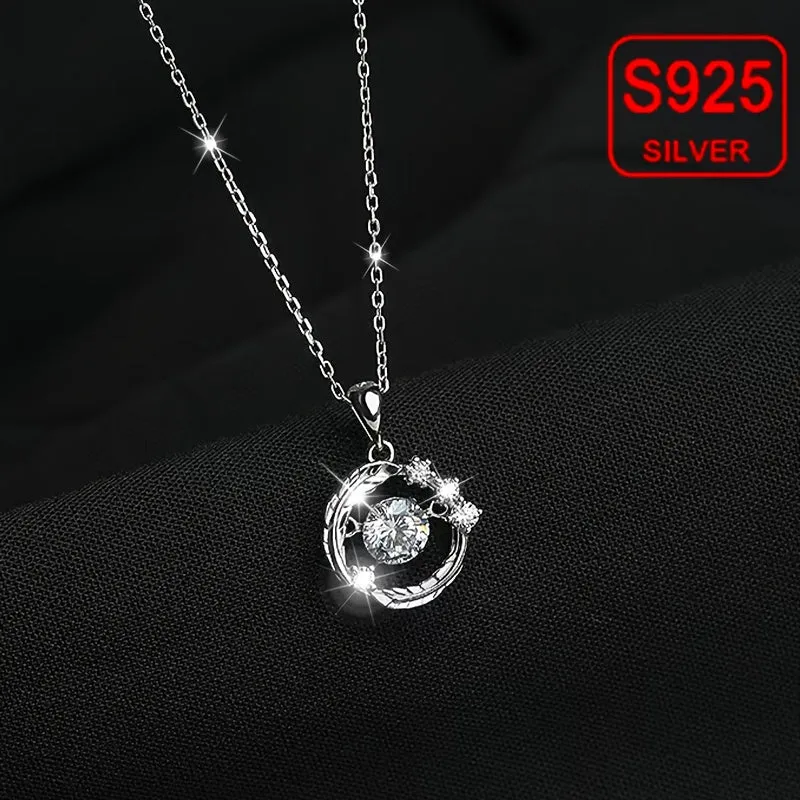 Women's Feather Zirconium Pendant Necklace S925 Silvery Low Allergy 2g