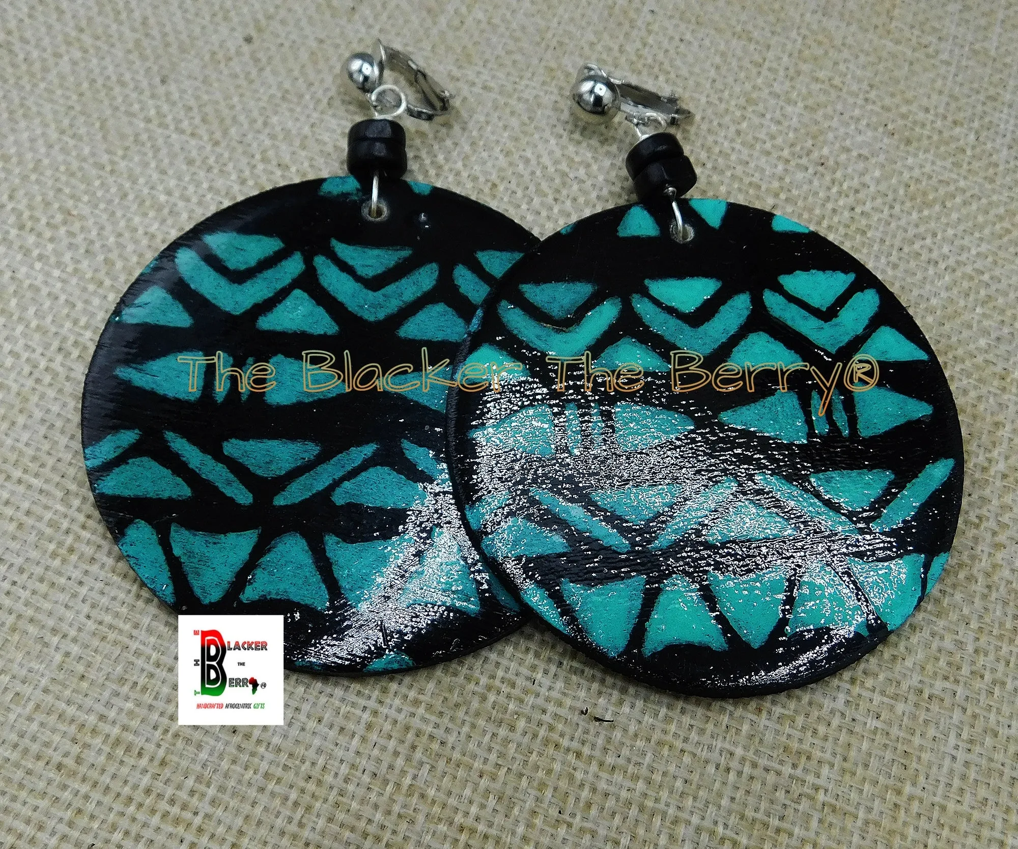 Wooden Clip On Earrings Black Turquoise Blue Beaded Dangle Ethnic Women Ethnic Jewelry Black Owned