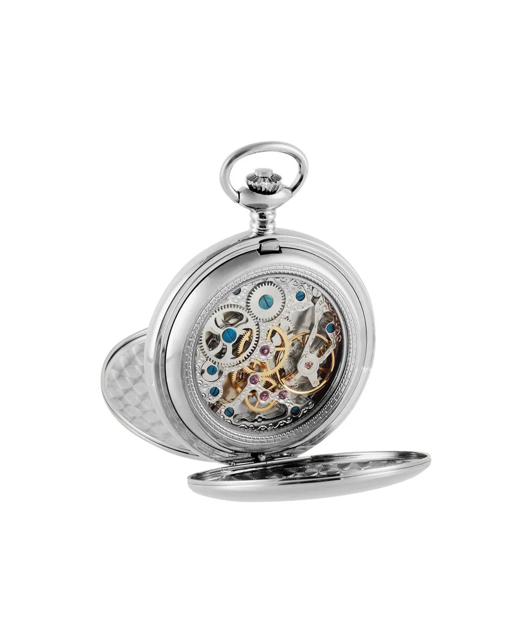Woodford Chrome Plated Mechanical Pocket Watch with Twin Lid and Skeleton Back