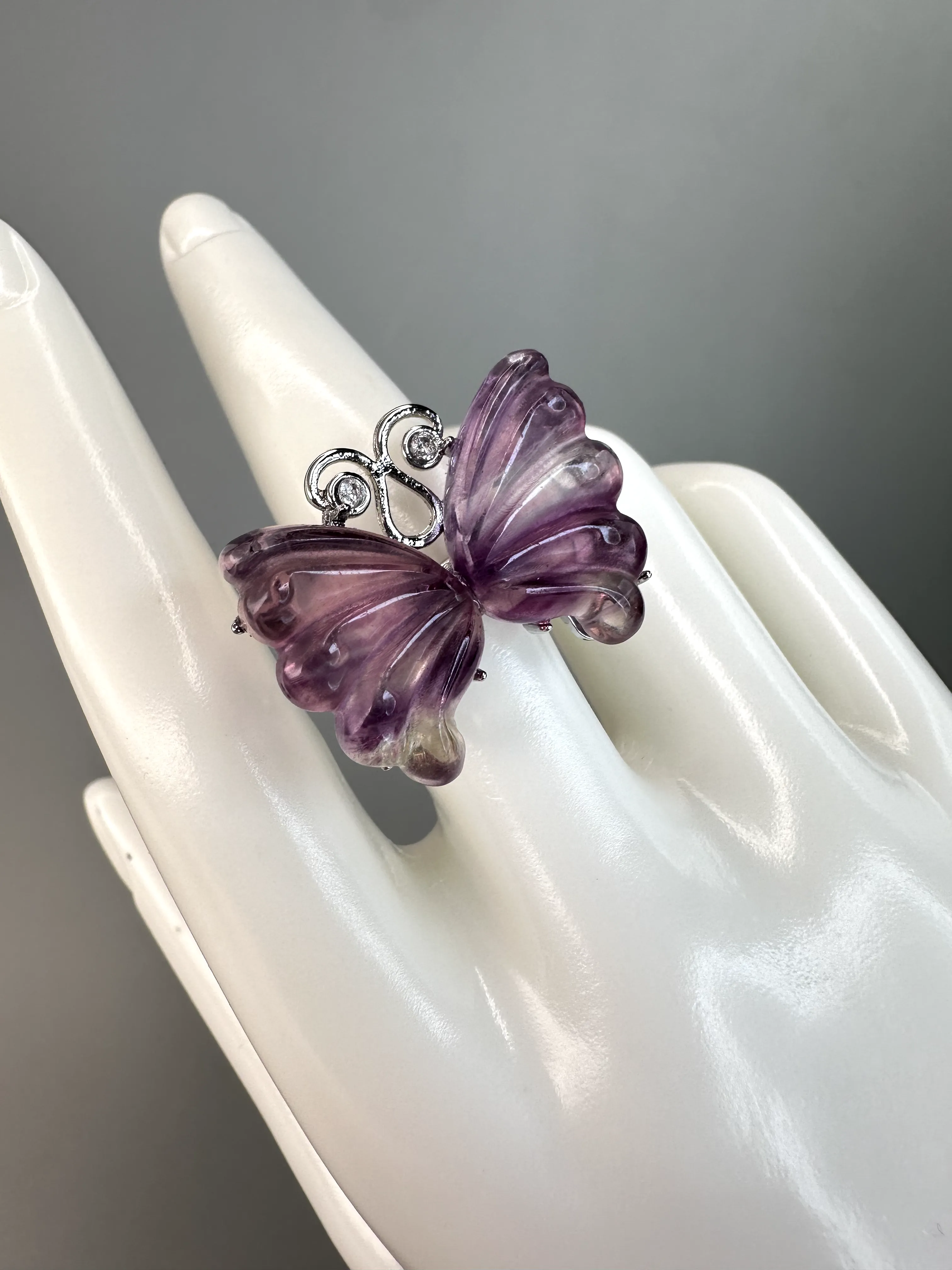 XL Pink Fluorite Butterfly Rings | Adjustable | Silver Plated