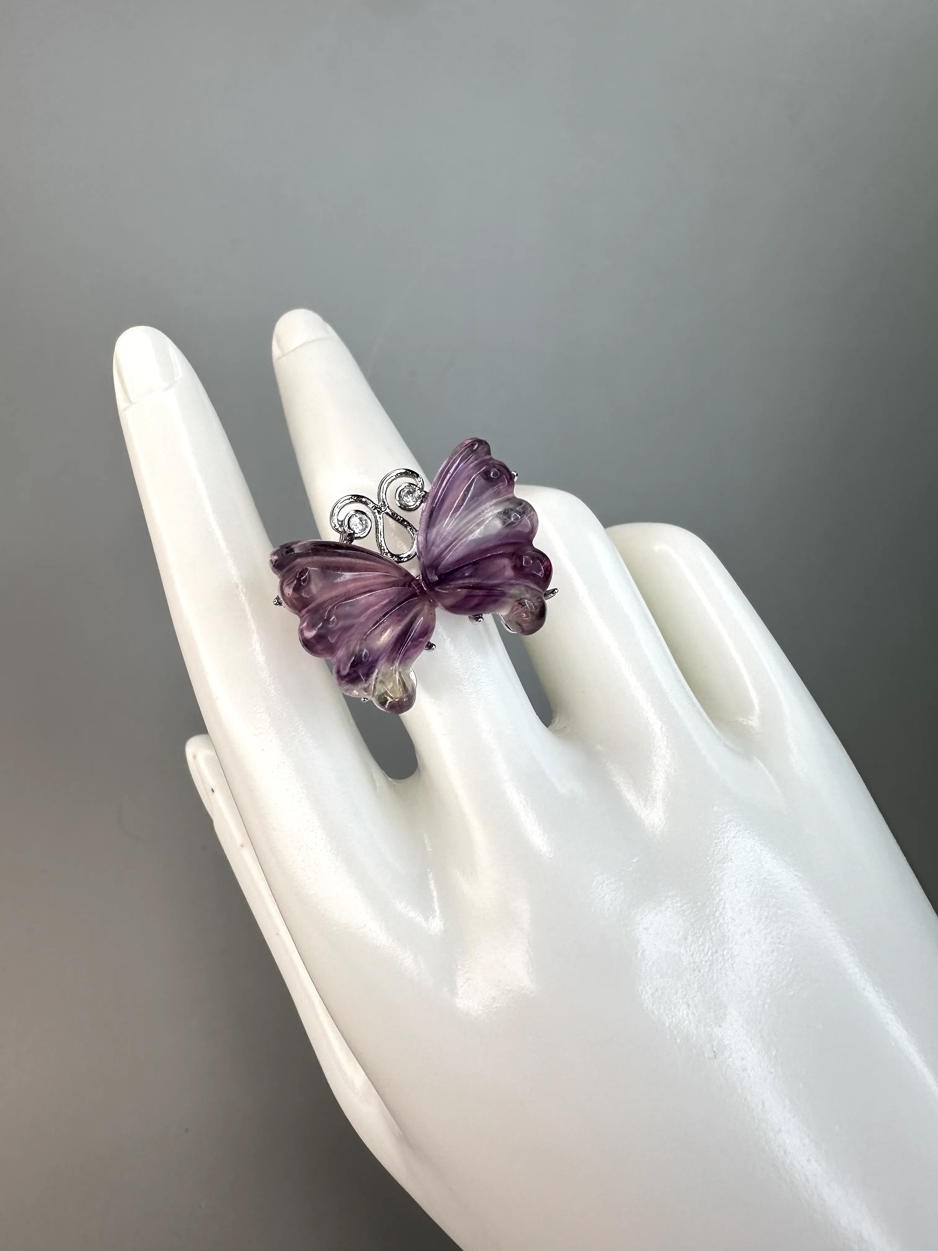 XL Pink Fluorite Butterfly Rings | Adjustable | Silver Plated