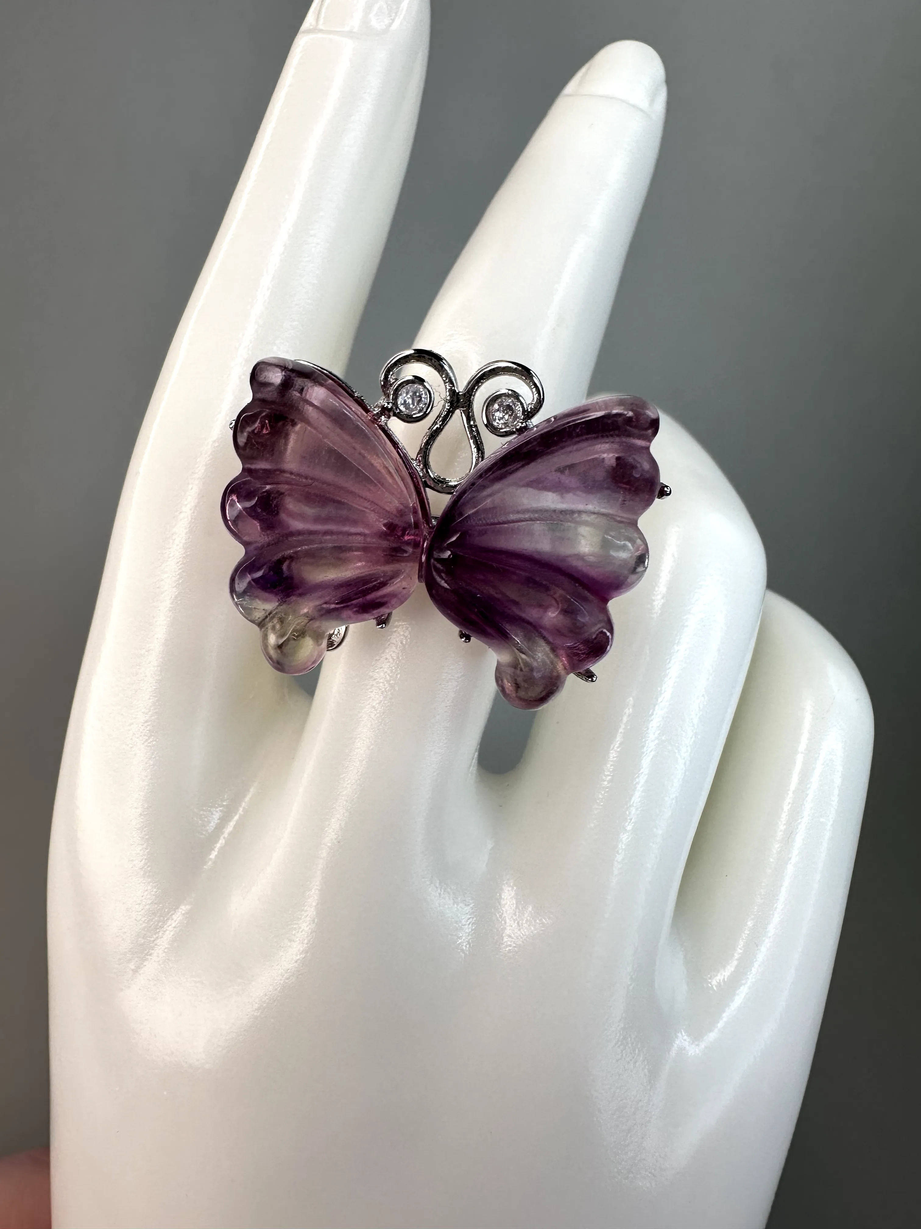 XL Pink Fluorite Butterfly Rings | Adjustable | Silver Plated