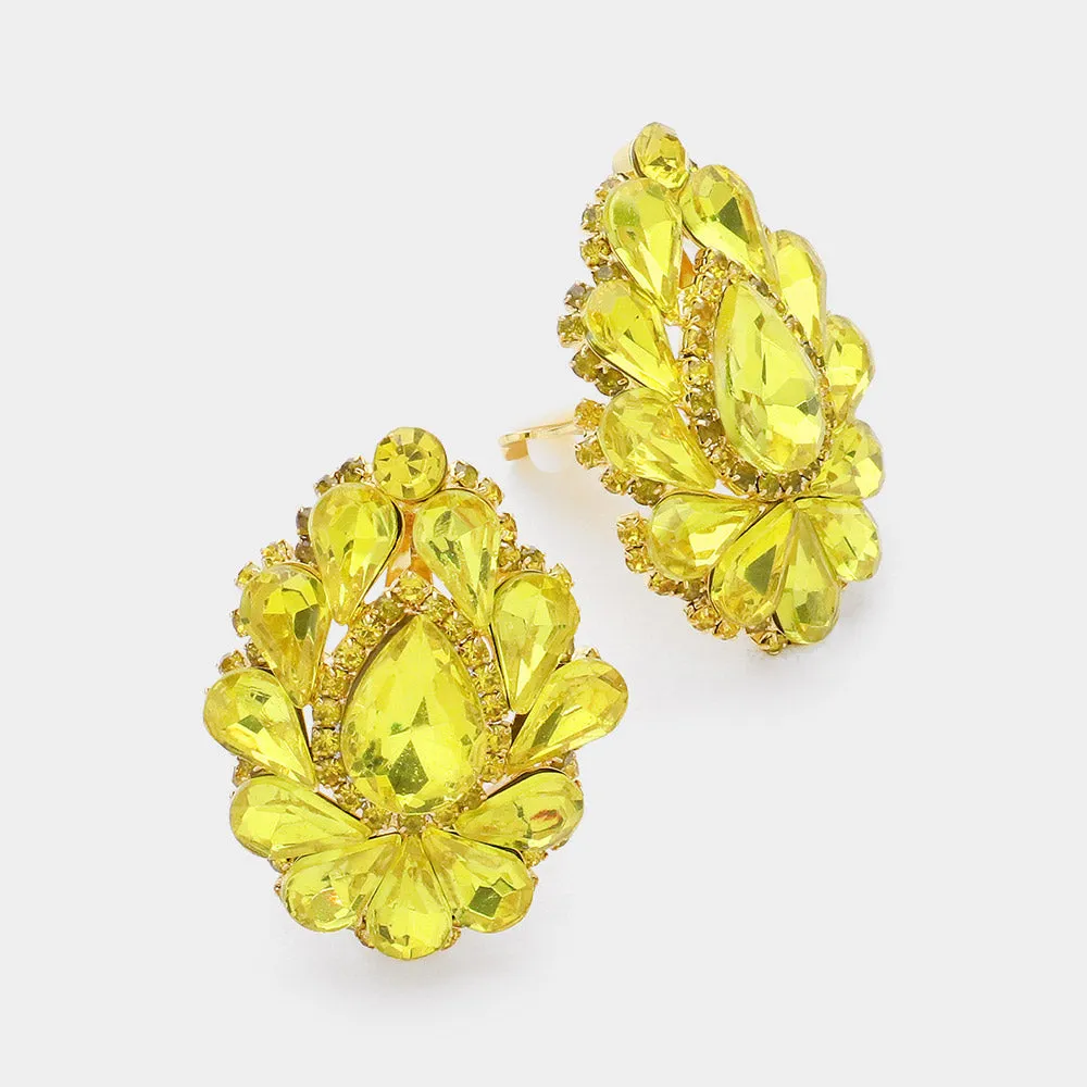Yellow Crystal Cluster Teardrop Clip on Earrings | 631811
