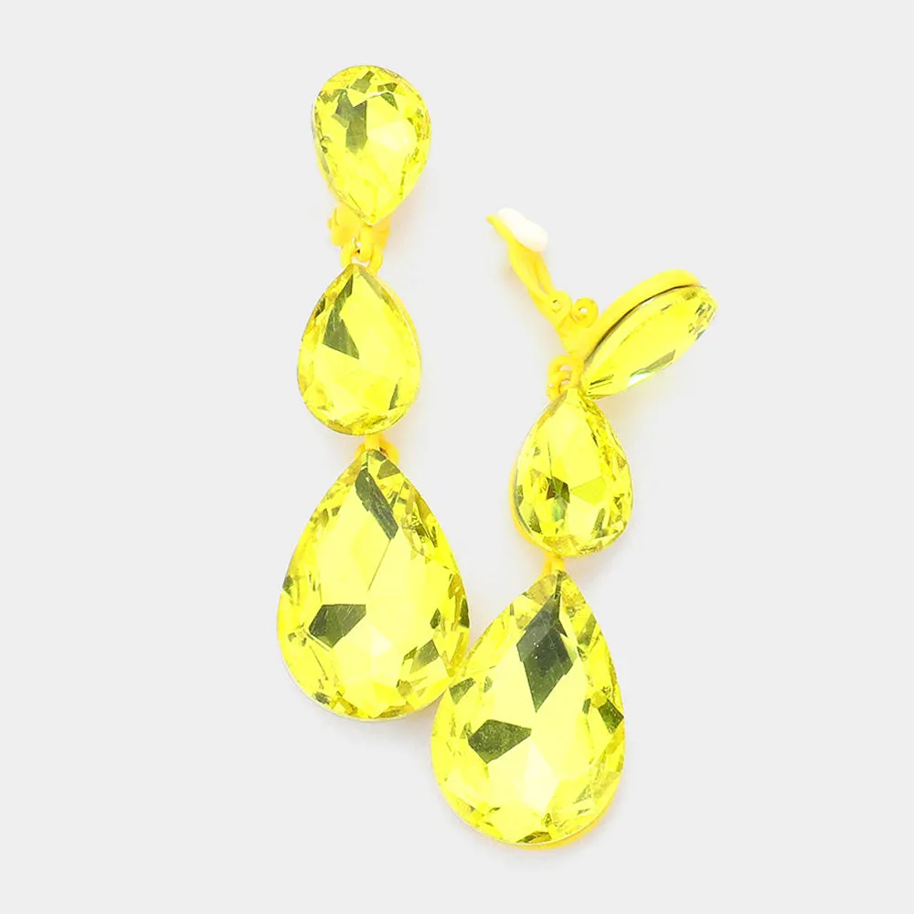 Yellow Crystal Triple Teardrop Clip-on Pageant Earrings  | 545363