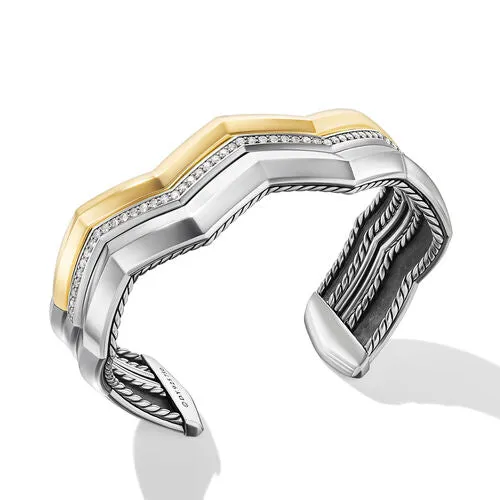 Zig Zag Stax Three Row Cuff Bracelet in Sterling Silver with 18K Yellow Gold and Diamonds, 17.4mm