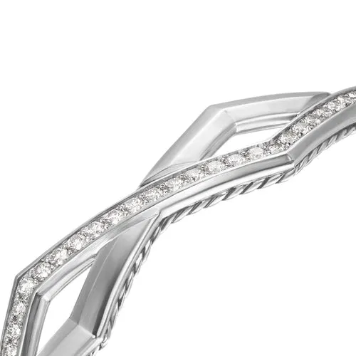 Zig Zag Stax Two Row Cuff Bracelet in Sterling Silver with Diamonds, 13mm