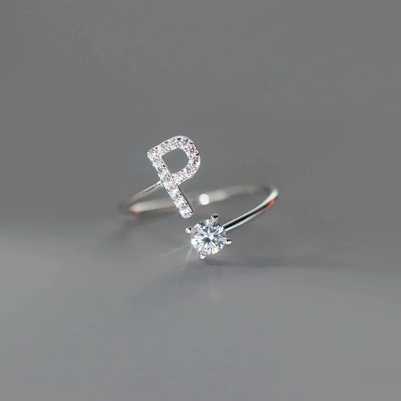 Zircon Adjustable Initial A-Z Letter Women Ring
